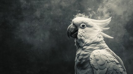 Wall Mural -  A black-and-white image of a parrot exhaling smoke from its beak and head against a dark backdrop