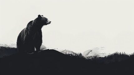 Wall Mural -  A monochrome image of a bear atop a hill against mountain backdrops and a sky background