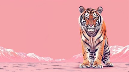 Wall Mural -  A tiger stands before a pink sunset with mountains and snow-covered background