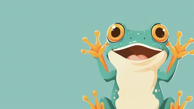  A frog with open mouth and widened eyes, tongue extended, sits against a blue backdrop