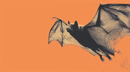 Wall Mural -  A bat flying in the air, wings spread, head turned – against an orange backdrop