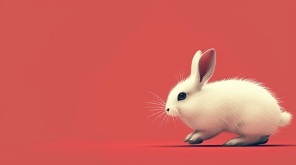 Wall Mural -  A white rabbit sits atop a red floor, its back legs extended against a red wall bearing another white rabbit
