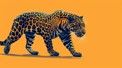 Wall Mural - leopard walks against yellow backdrop, sporting black-and-white facial pattern