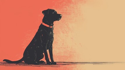 Wall Mural -  A dog depicted against a red-yellow backdrop, sits; a black canine before a solitary red wall