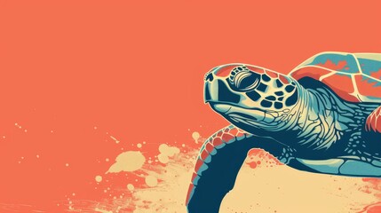Wall Mural -  A tight shot of a sea turtle against a backdrop of red and blue Foreground features a water splash
