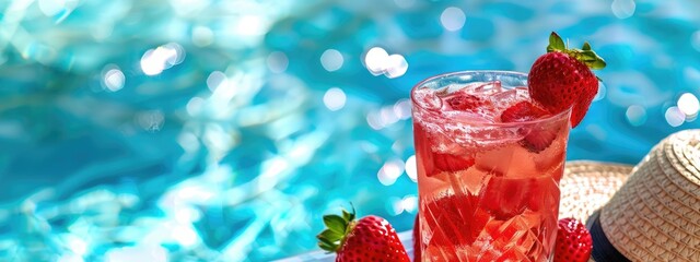 Wall Mural - cocktail with strawberries on the background of the pool. Selective focus