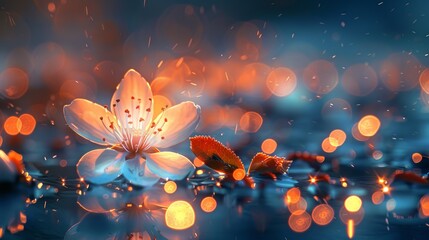 Wall Mural -  A white bloom hovering above tranquil water, surrounded by an ensemble of orange and blue lights in the backdrop