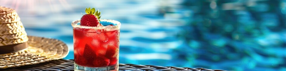 Wall Mural - cocktail with strawberries on the background of the pool. Selective focus