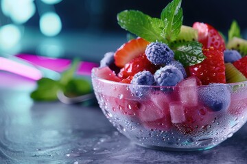 Wall Mural - Refreshing summer fruit salad in glass bowl