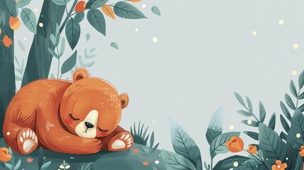 Wall Mural -  A brown bear reclines near a lush green forest adorned with numerous orange flowers