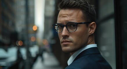 Canvas Print - Serious businessman in suit and glasses looking thoughtful