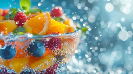 Wall Mural -  A tight shot of a fruit salad in a glass bowl, with water cascading down its side