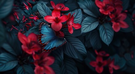 Poster - Vibrant tropical flowers and butterfly