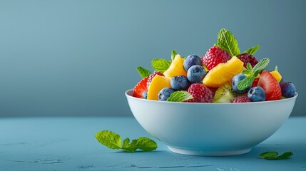 Wall Mural -  A white bowl brimming with various fruits sits atop a blue table Nearby, a leafy green leaf unfurls
