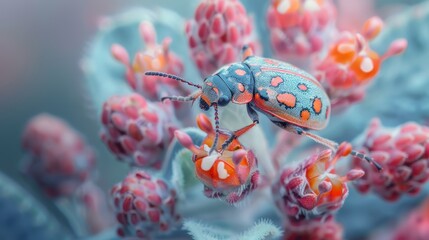 Wall Mural -  A tight shot of a bug perched on a plant, displaying red and orange markings on its body and legs