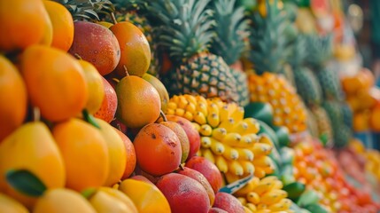 Wall Mural -  A tight shot of a fruit stand displaying pineapples, oranges, bananas, and more pineapples