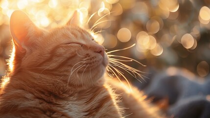 Wall Mural -  A tight shot of a feline's face against a softly blurred backdrop of twinkling lights