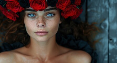 Poster - Alluring woman with red roses in her hair