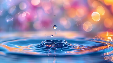 a tight shot of a blue water droplet against a softly blurred backdrop of lights