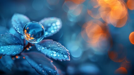 Wall Mural -  A tight shot of a blue bloom, dewdrops adorning its petals, backdrop of twinkling lights