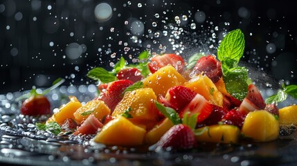 Wall Mural -  A tight shot of a mounded fruit assortment on a plate, with droplets of water cascading from the top