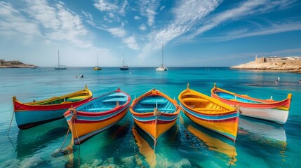 Wall Mural -  A vibrant fleet of boats hovers above tranquil water, nestled against a rugged cliff under a cobalt sky