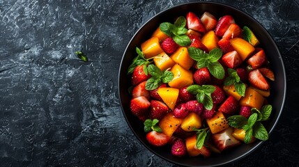Sticker -  A bowl of strawberries, peaches, and mint leaves on a black stone table against a gray background