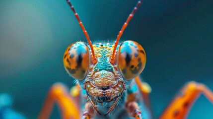 Wall Mural -  A detailed shot of a vibrant insect against a blue backdrop, showcasing its orange and blue-striped hind legs