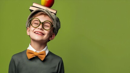 Wall Mural - A boy wearing glasses and a bow tie with an apple on his head.