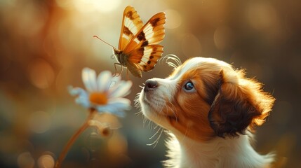 Wall Mural -  A tight shot of a dog wearing a butterfly atop its head, with a flower in the foreground