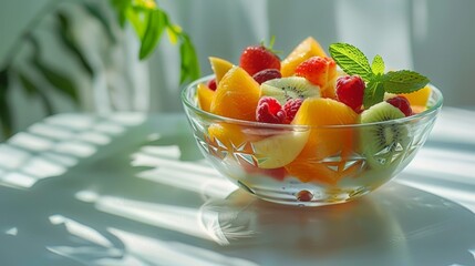 Wall Mural -  A glass bowl, brimming with fruit, rests atop a pristine white countertop Nearby, a verdant green plant with leafy foliage flourishes