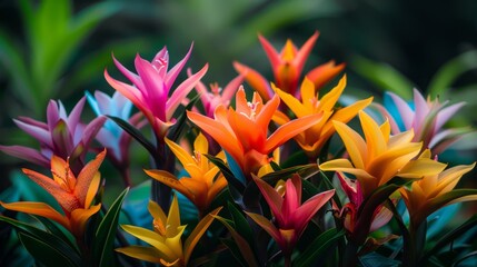 Poster -  A tight shot of an array of multicolored blossoms in photo's center, framed by verdant foliage