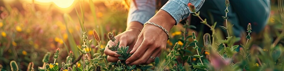 Wall Mural - the girl collects medicinal herbs in the field. Selective focus