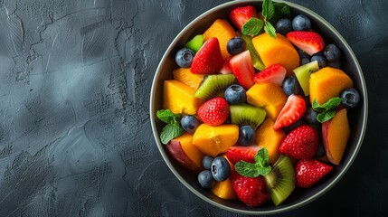 Close-up of a bowl filled with kiwi, strawberries, oranges, and blueberries