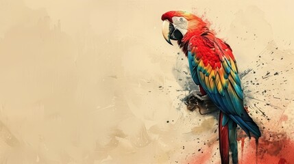 Wall Mural -  A vibrant parrot perched on a branch, its feathers speckled with paint splatters