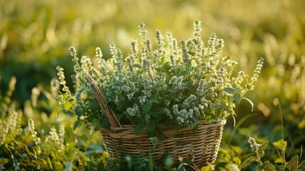 Wall Mural - medicinal herbs in basket field. Selective focus