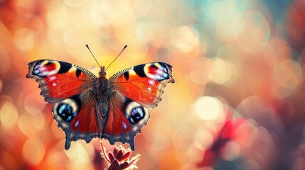 Wall Mural -  A tight shot of a butterfly perched on a plant against a backdrop of indistinct lights Foreground features a hazy floral image