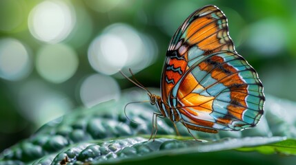 Wall Mural -  A close-up of a butterfly on a leaf with blurred leaves in the background and foreground