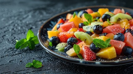 Wall Mural - watermelon slices, kiwi, blueberries, and a sprig of mint