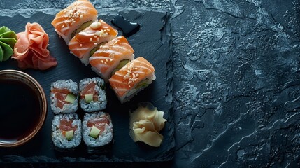 Wall Mural -  A plate of sushi with chopsticks, soy sauce, and a bowl of wasabi or sake on a slate board