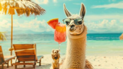 Wall Mural - llama with a cocktail on the background of the beach. Selective focus