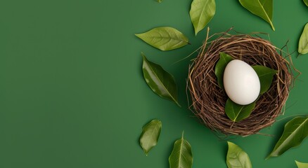 Wall Mural - Nest with egg on green background