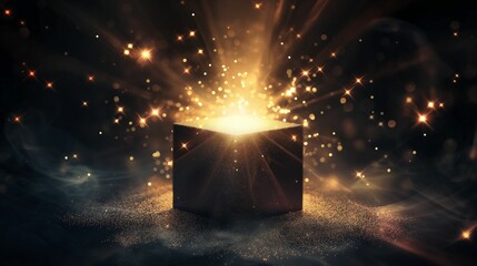 glowing light emerging from black box with golden particles.