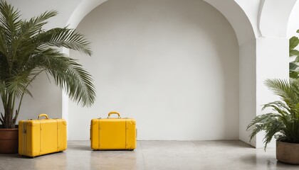 Two bright yellow suitcases resting under a palm tree in a white room