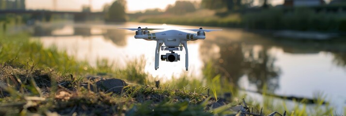 Wall Mural - A drone hovers above a river, capturing stunning aerial footage at sunset. Generative AI