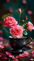 Wall Mural - A cup of pink roses on a wooden table.