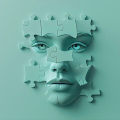 3D female face from puzzles close-up on a mint background. Concept, creative, illustration for advertising facial skin care products.