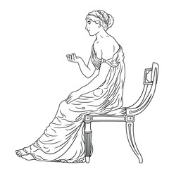 Wall Mural - An ancient Greek young woman in a tunic sits on a chair talking to her interlocutor and gesticulating. Figure isolated on white background