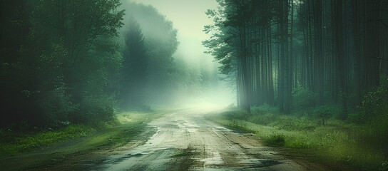 empty road with tire tracks in the countryside with forest in surrounding perspective in summer with mist and green trees vintage old effect. Creative banner. Copyspace image