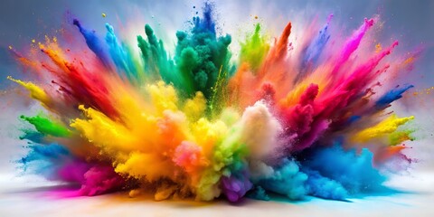 Vibrant rainbow colors burst forth in a mesmerizing explosion of pink, yellow, green, blue, and orange powders against a pristine white background.